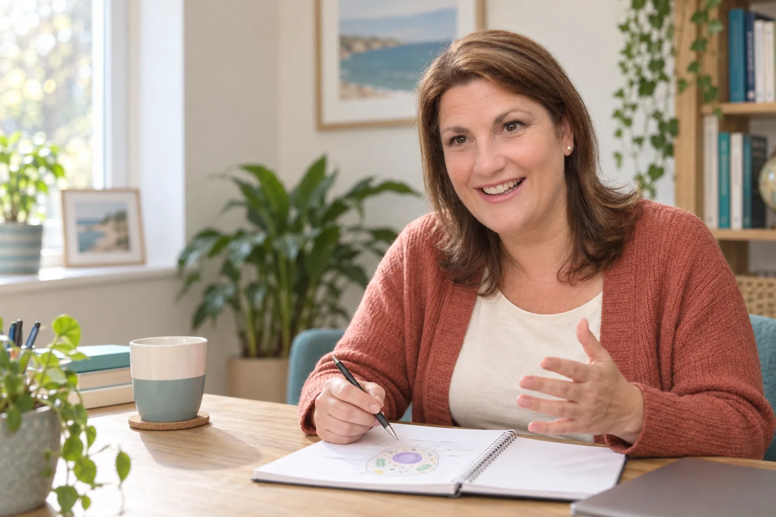 Jo Jenkins explaining a biology idea at her desk